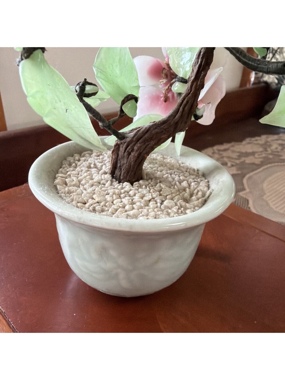 Vintage Chinese Jade Glass Bonsai Tree Pink Cherry Blossom 8” Flower Celadon Pot - Picture 3 of 10